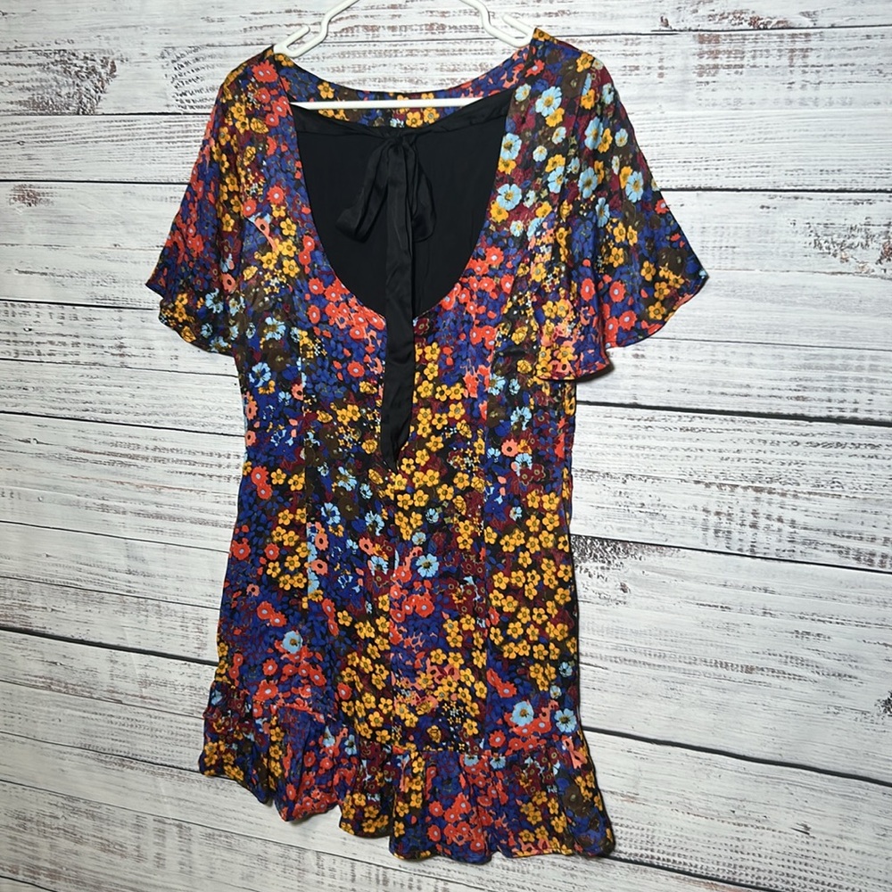 Anthropologie Ruffled Satin Mini Dress Floral Open Low Back Bow 12P - Picture 10 of 16